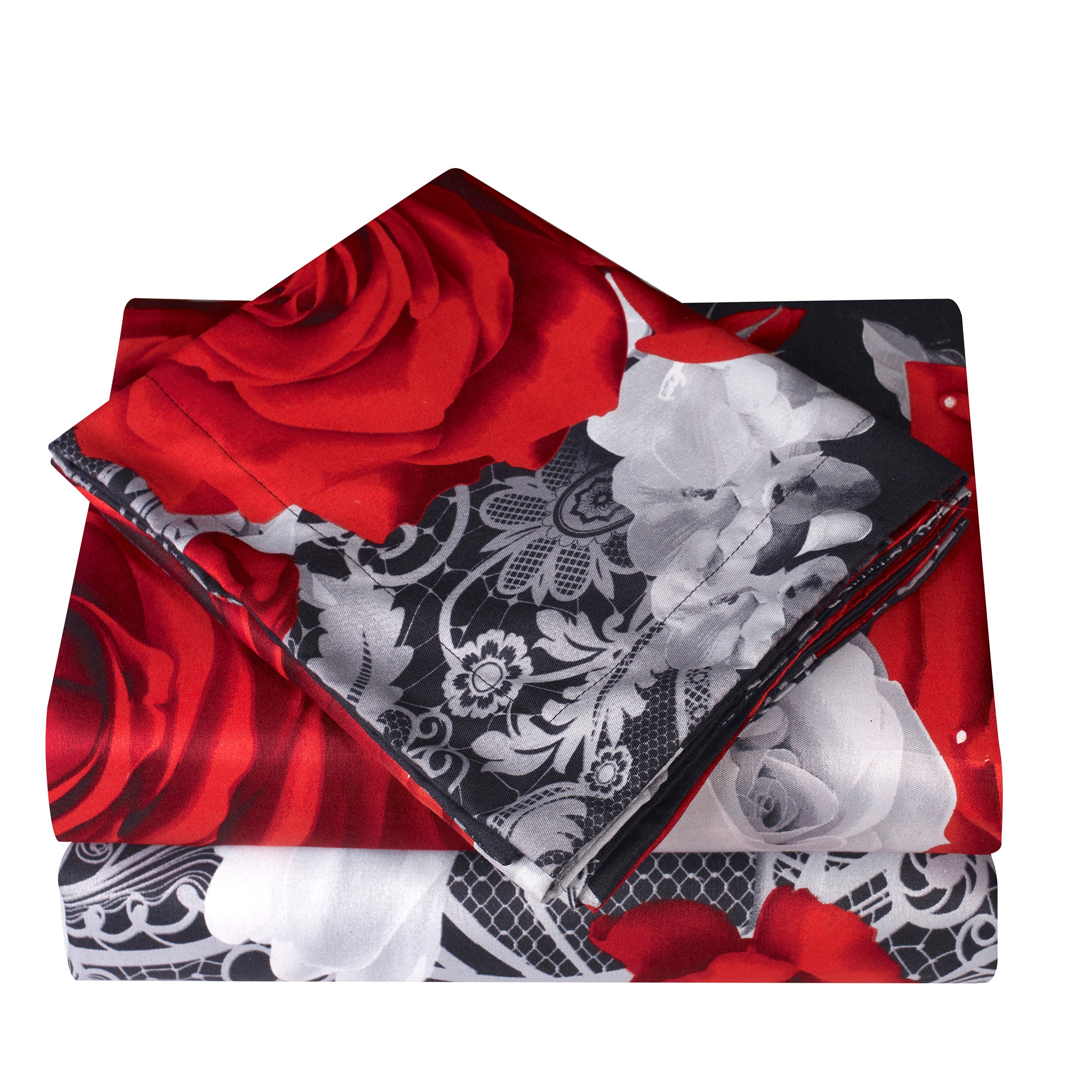 HIG 3D Print Sheet Set - 4 Piece Red And White Rose Printed Sheet Set Queen King Size