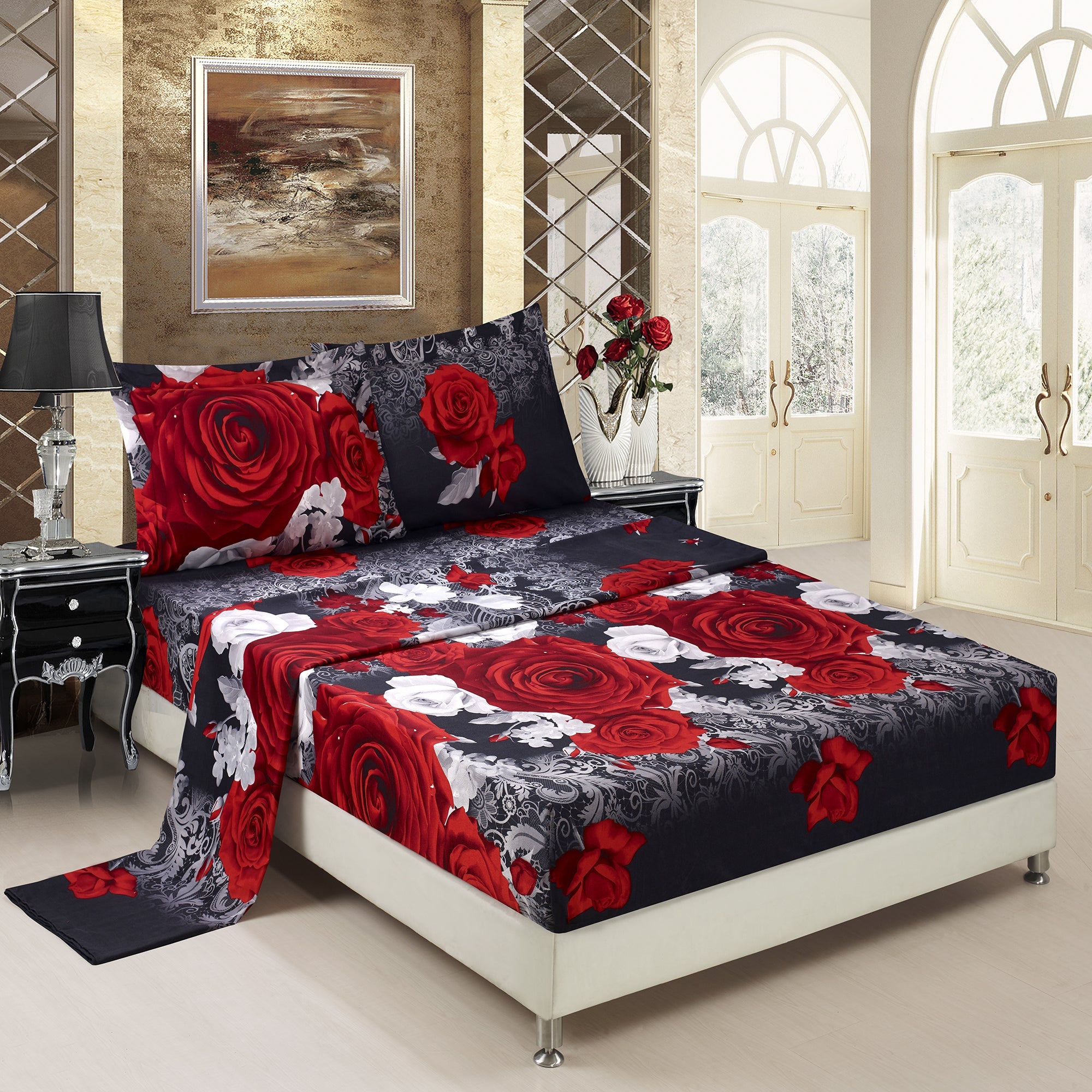 HIG 3D Print Sheet Set - 4 Piece Red And White Rose Printed Sheet Set Queen King Size