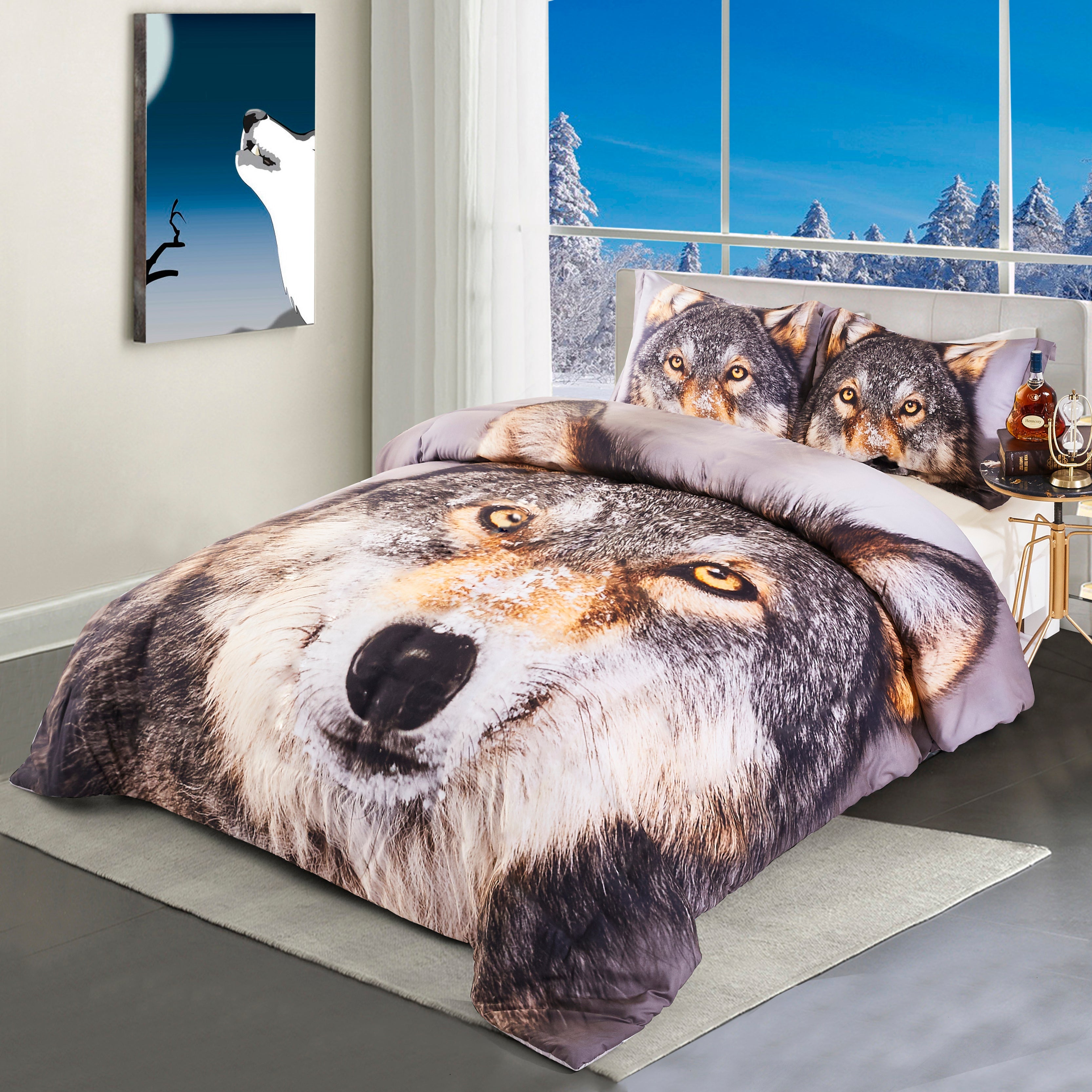3D Print Duvet Cover Set Wolf Head Pattern 2 Pieces Twin with Zipper Closure - Machine Washable
