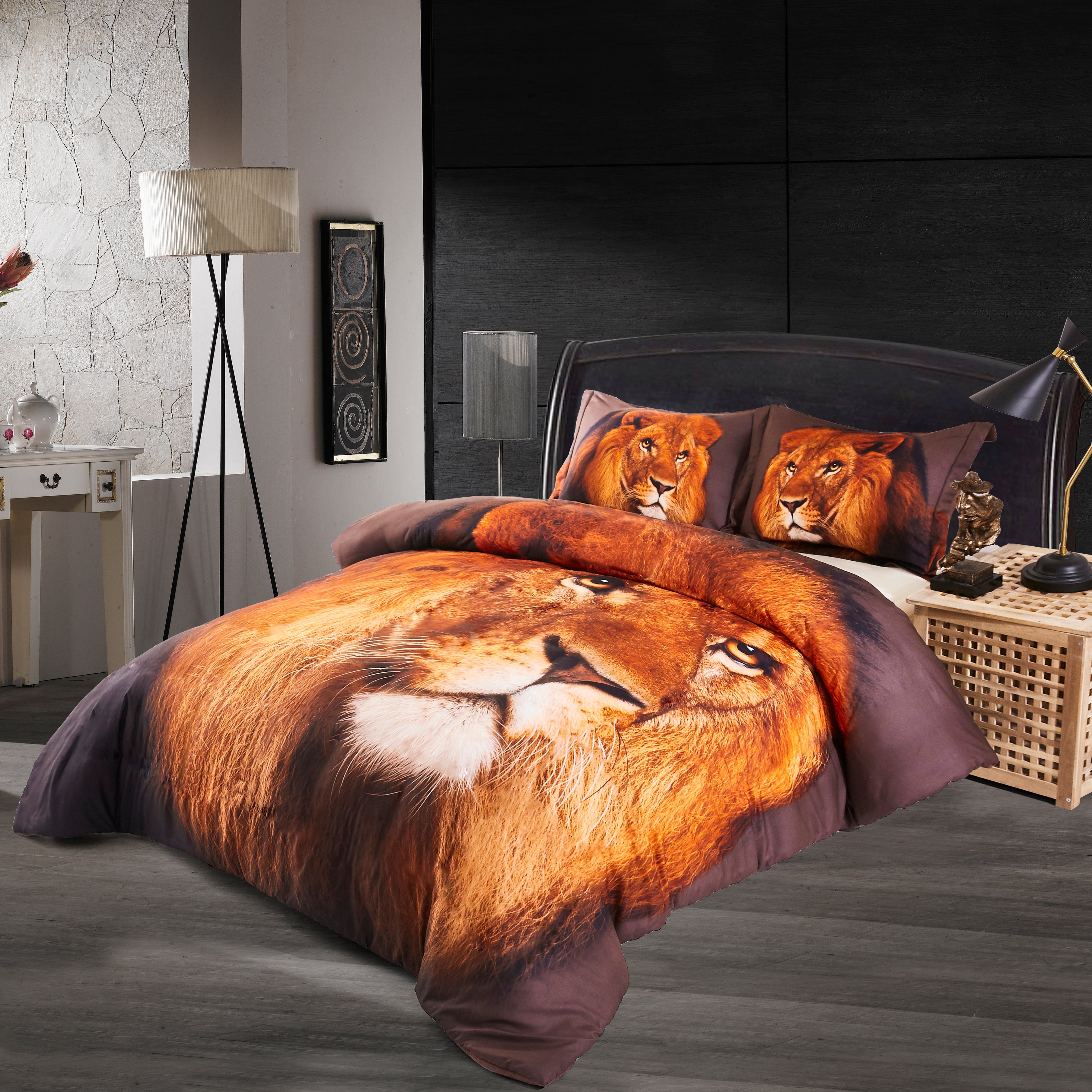 3D Print Duvet Cover Set Twin Lion Head Pattern with Zipper Closure - Machine Washable