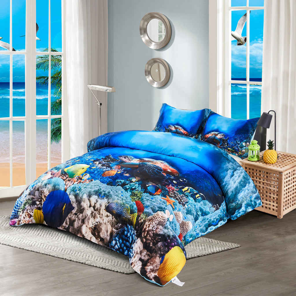 3D Sea Turtle Print Duvet Cover Set with Zipper Closure - Machine Washable