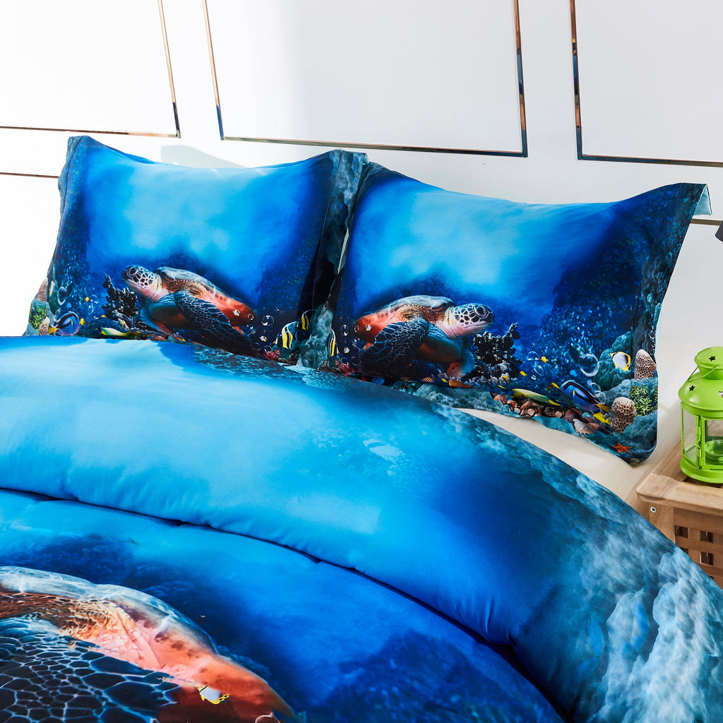 3D Sea Turtle Print Duvet Cover Set with Zipper Closure - Machine Washable
