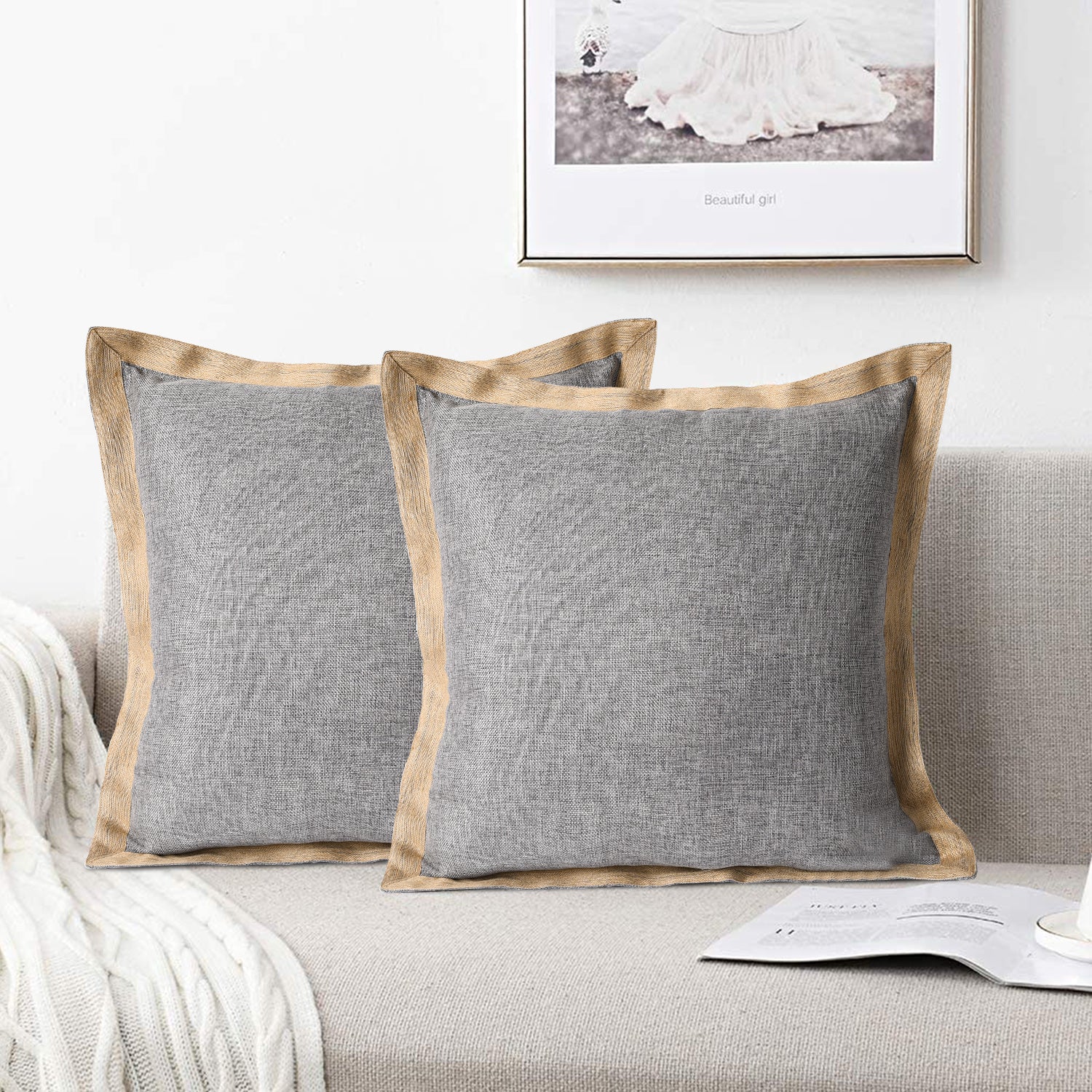 2 Piece Handmade Vintage Faux Rustic Decorative Pillow Covers with Linen Edge