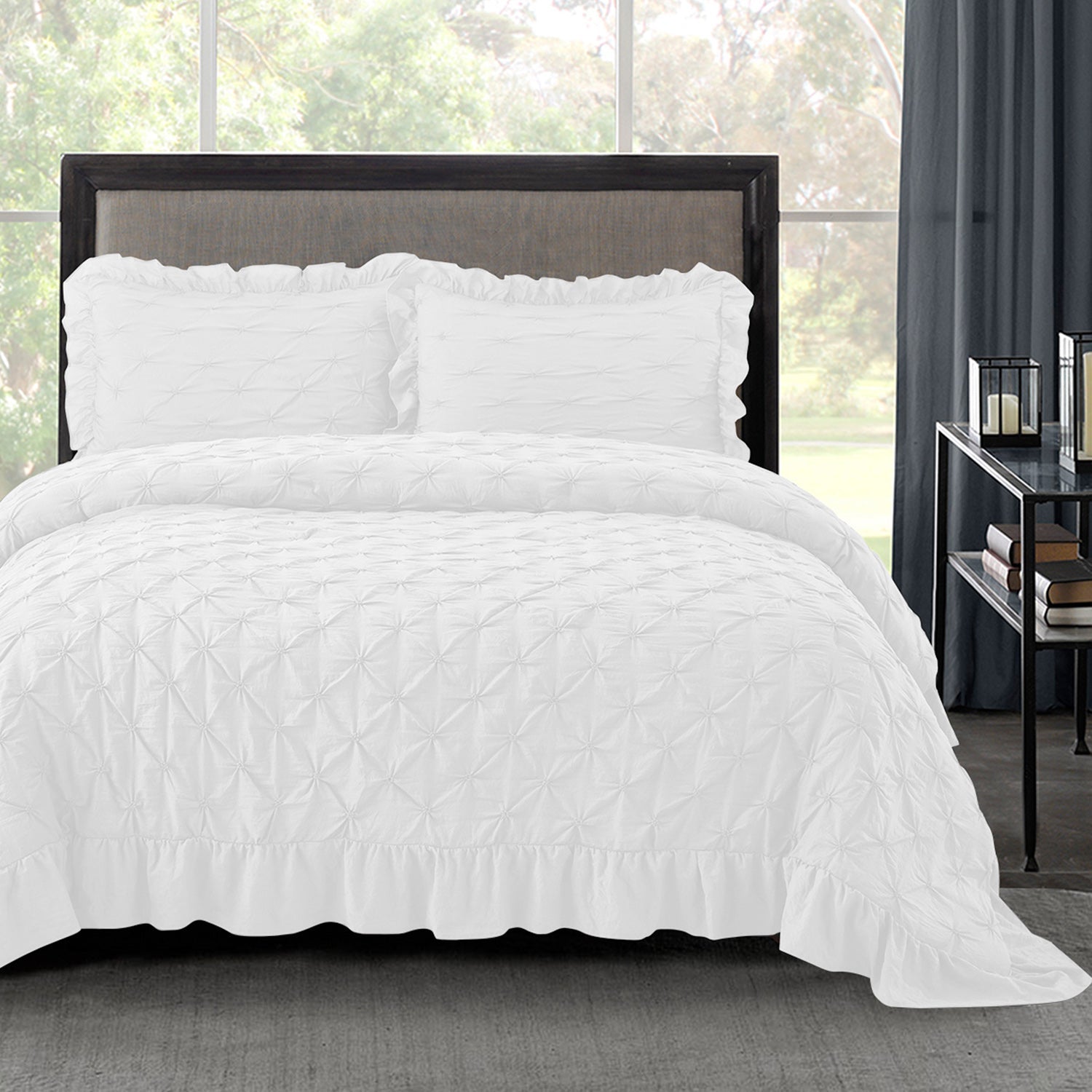3 Piece Pinch Pleated Comforter Set - Chic Embroidery Farmhouse Style Bedding Set