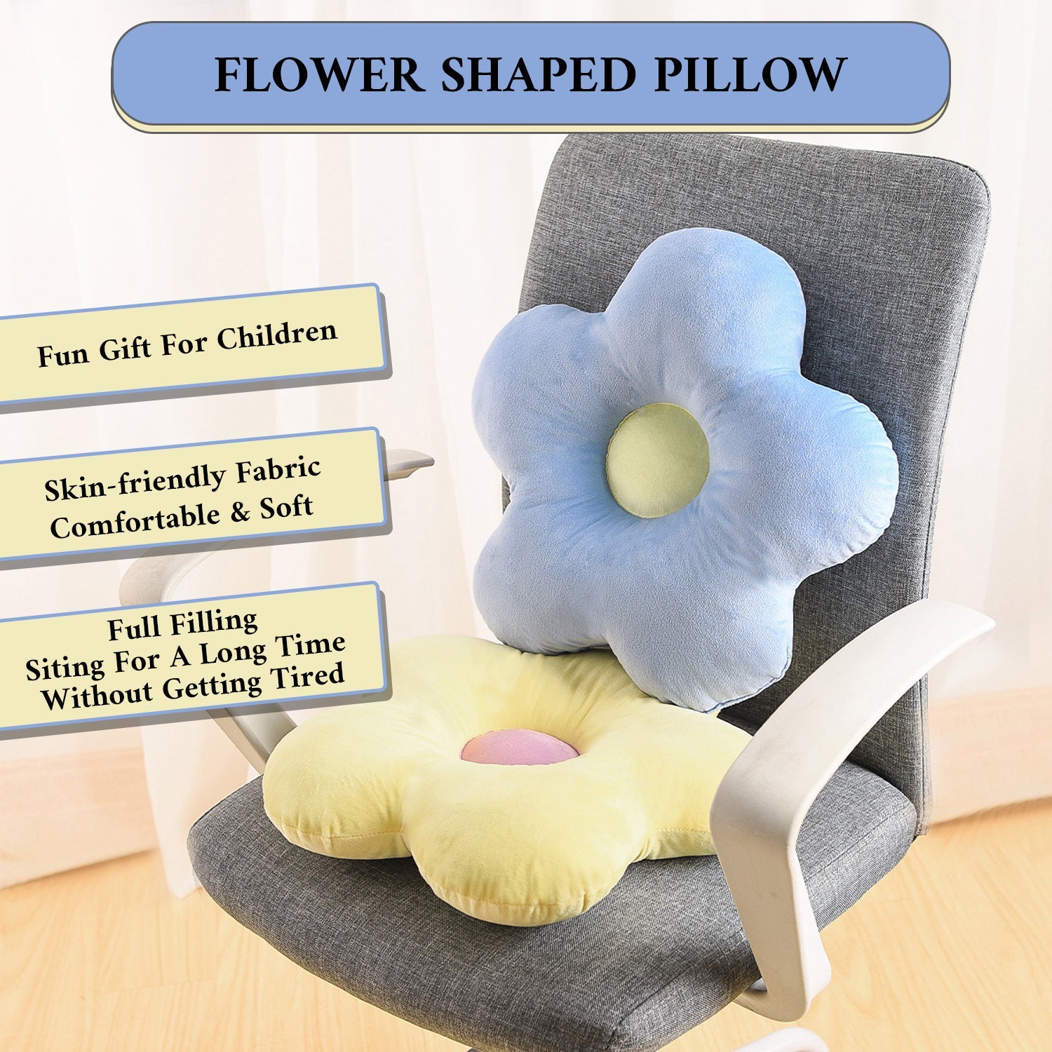 2pc Cuddly Flower Shaped Throw Pillows, Blue/Yellow Decorative Daisy Floor Pillows for Bench Office Children's Gift, 15"